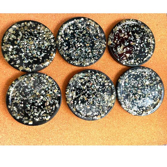 American Vintage Other - Vtg Set 6 Retro Abalone Shell Coasters, MCM Lucite Black Resin 4” Decor Handmade